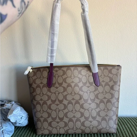 Coach Tan and Purple Signature Tote Bag - Picture 2 of 3